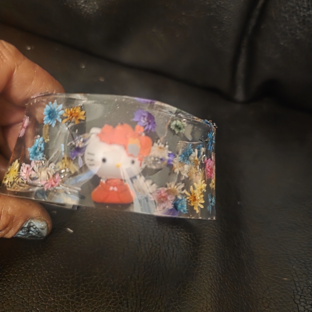 Women's Handmade Wide Hello Kitty Resin Cuff Bracelet, miniature Cat